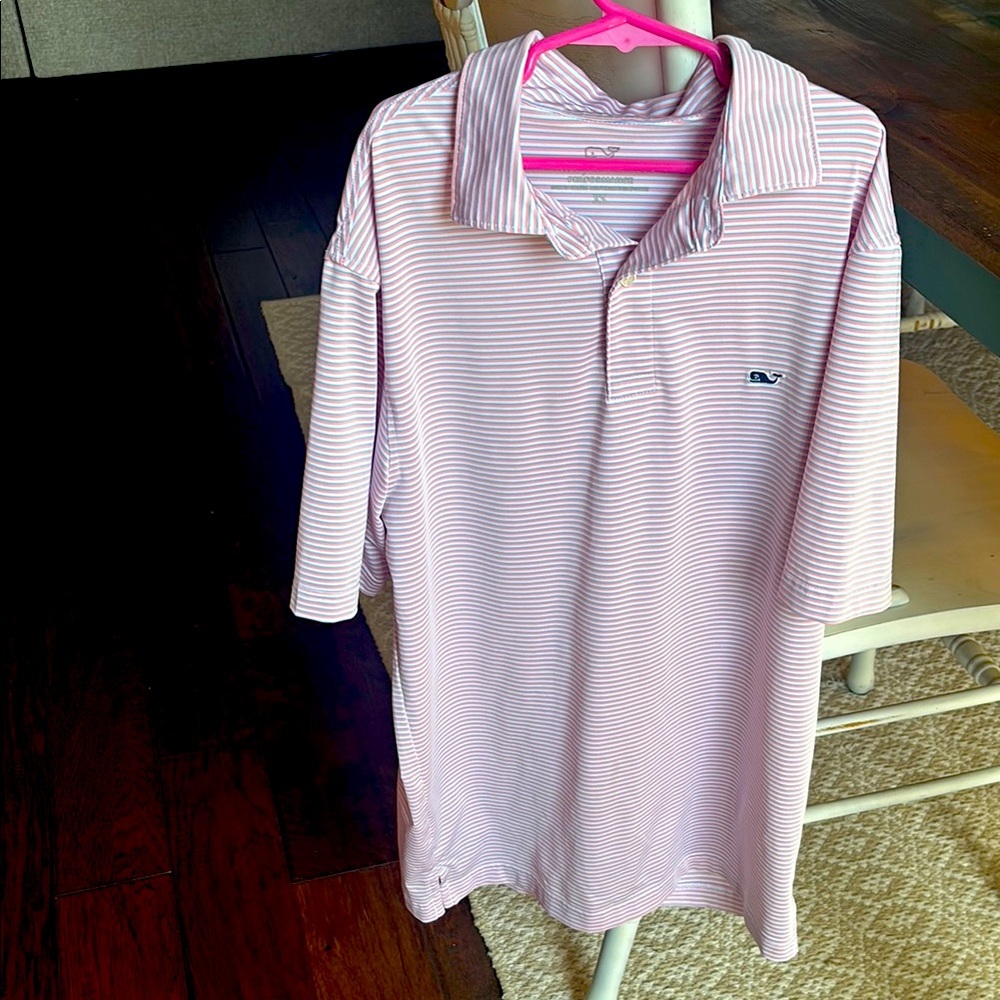 Vineyard Vine adult XS pink, blue, white stripe performance collar shirt sleeve